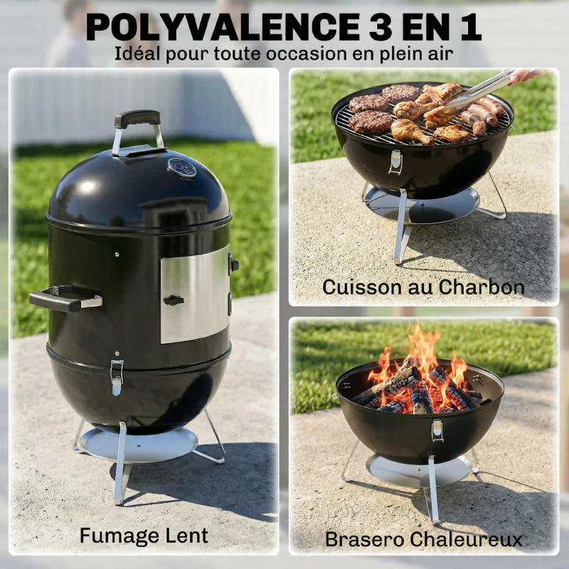 Outsunny Fumoir 3 en 1 avec 3 Grilles de Cuisson, Thermomètre Intégré, Ventilation Réglable, 62,5x47,5x91cm, Noir