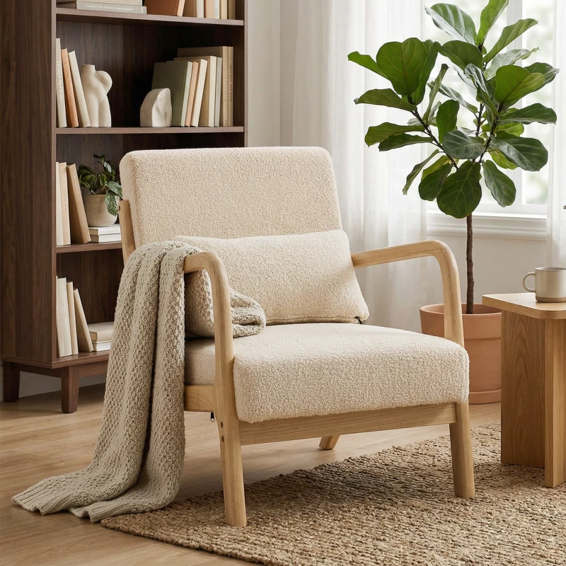 HOMCOM Fauteuil lounge - 3 coussins inclus - assise profonde - accoudoirs - structure bois hévéa - aspect velours beige