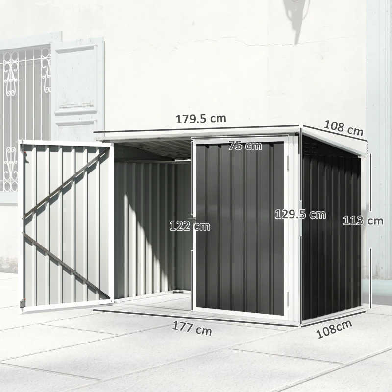 Outsunny Capanno Giardino, Organizer Bidoni Spazzatura Orizzontale, Grigio Scuro