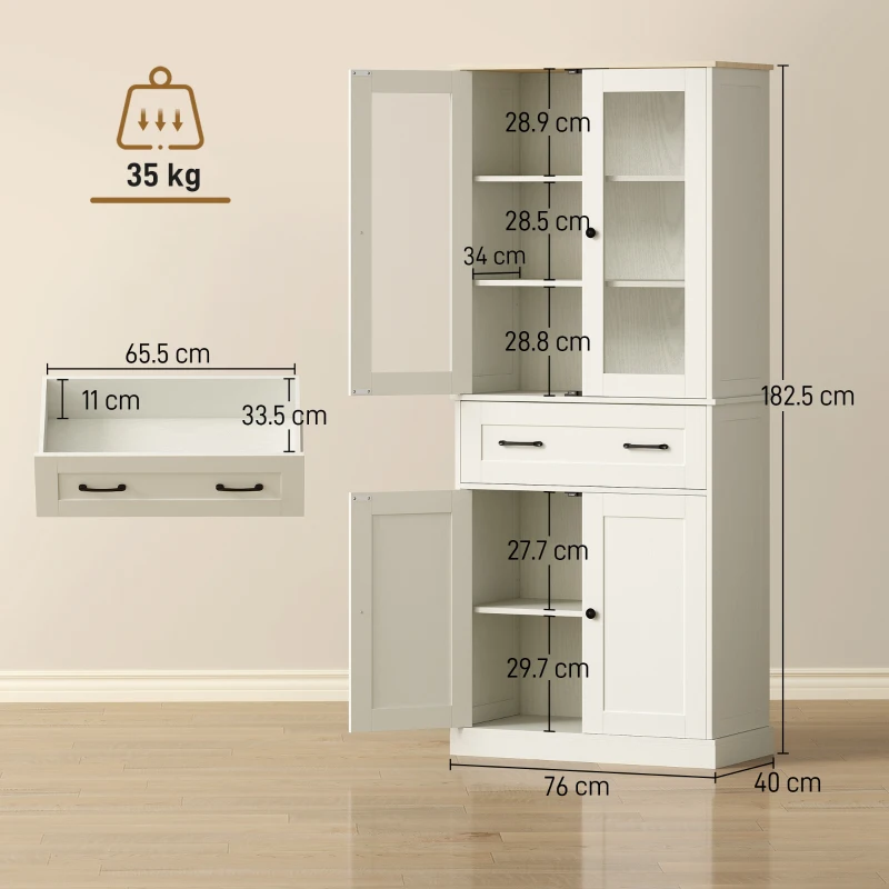 HOMCOM Mobilier Auxiliar de Bucătărie cu 2 Uși din Acrilic Sertar Mare Rafturi Reglabile 76x40x182,5 cm Crem