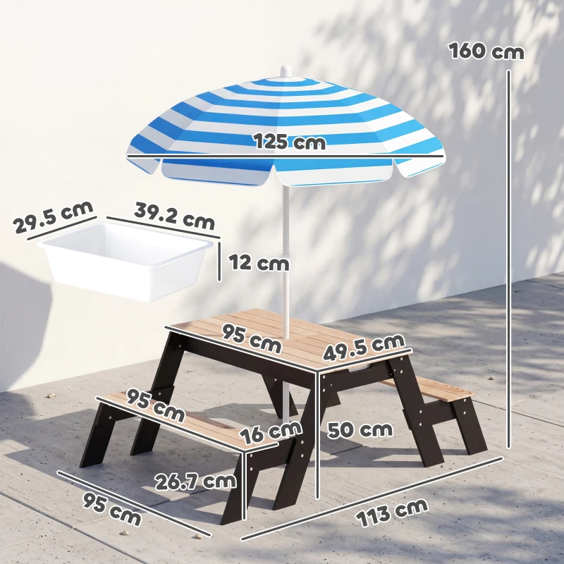 AIYAPLAY Masă de picnic pentru copii cu parasolar, set de grădină din lemn 3 în 1 pentru copii 3-6 ani cu 2 cutii, natural