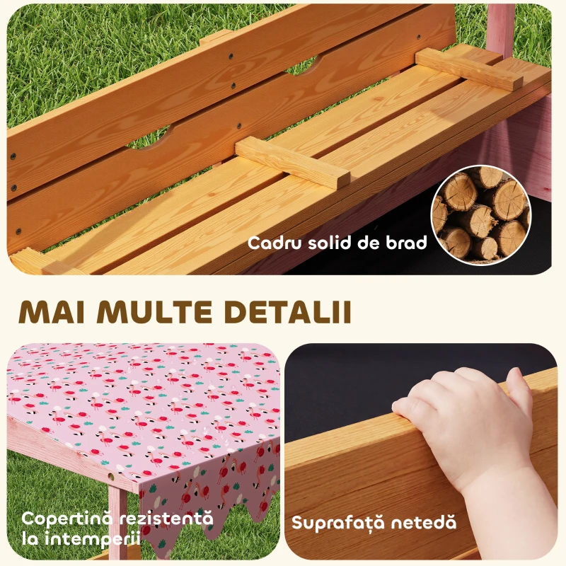AIYAPLAY Ladă de Nisip pentru Copii 3-6 Ani cu Acoperiș cu Flamingo, Scaune Pliabile, Capac și Husă Incluse, Ladă de Joacă din Lemn de Brad, 134,5x127,5x130 cm, Roz