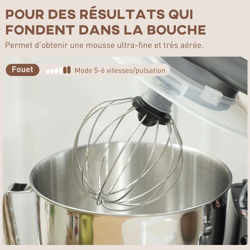 HOMCOM Robot pâtissier 1300 W, robot pétrin professionnel 4,5 L, bol d'acier inoxydable, 6+P vitesses et pulse, argent