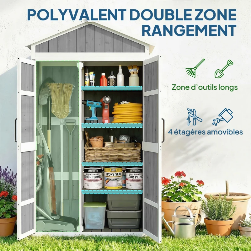 Outsunny Armoire de Jardin Abri de Jardin Étanche avec Toit en Métal Double Porte pour Outils de Jardinage 105x55x179cm Gris