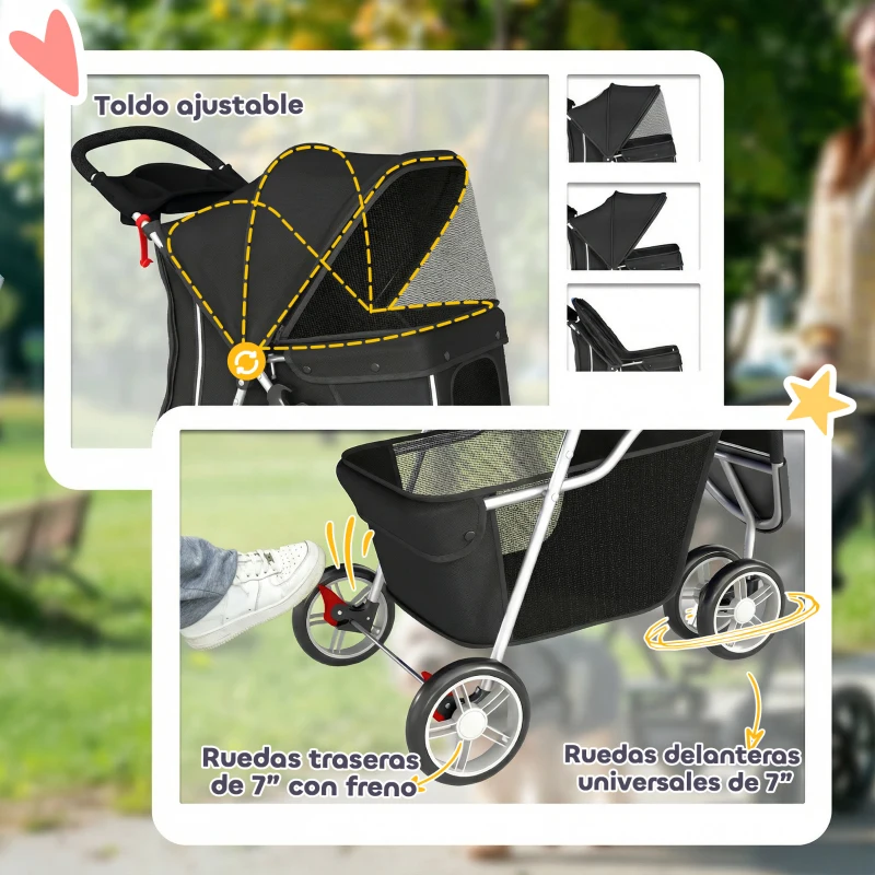 PawHut Carrito para Perros Pequeños con Cesta de Almacenaje Ventanas de Malla y Cinturón de Seguridad 77x44x102 cm Negro
