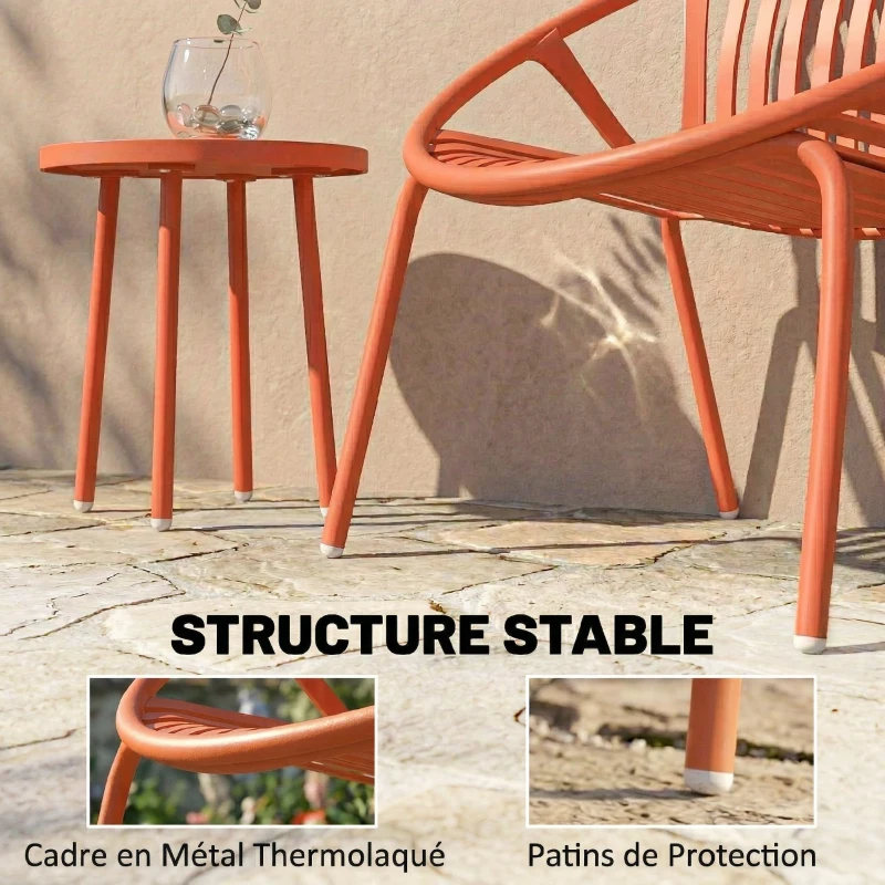 Outsunny Salon de Jardin Ensemble Bistro 3 Pièces Table Basse à Plateau Concave Acier et Polypropylène 80x70x75cm Rouge Brique