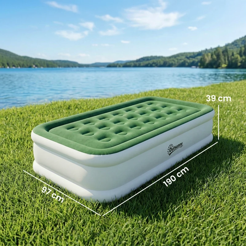 Outsunny Inflatable Mattress, Single Air Bed with Built-in Electric Pump, 3 Mins Inflation, Flocked Surface, Dark Green