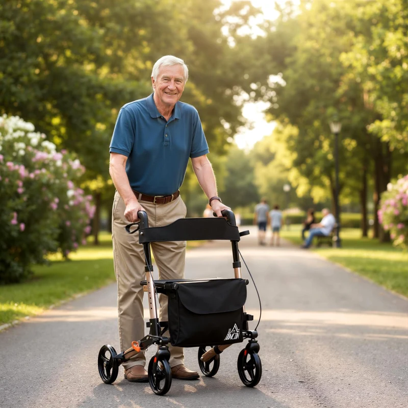HOMCOM Andador 4 Rodas Dobrável em Alumínio, Altura Ajustável 6 Posições, Travões Duplos, Arrumação, 64x67x92cm, Dourado