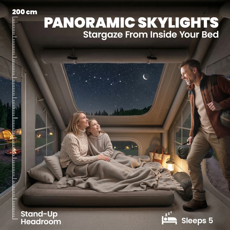 Outsunny Dmuchany namiot 5–8 osób Szybkie rozstawienie Wodoodporny 5000 mm i Wiatroodporny z pompką, otworem na piecyk i oknem dachowym