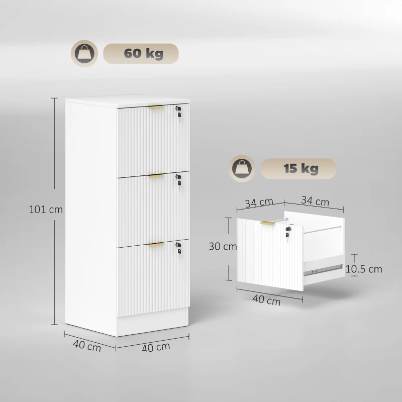 HOMCOM Filing Cabinet, Fluted Vertical File Cabinet with 3 Lockable Drawers and Hanging Rails, White