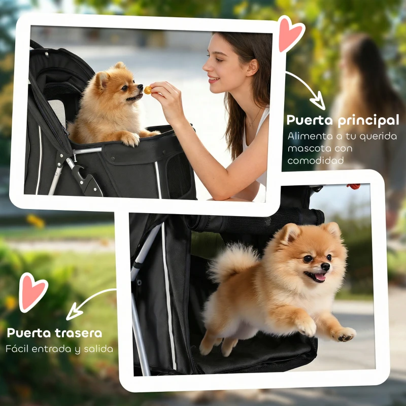 PawHut Carrito para Perros Pequeños con Cesta de Almacenaje Ventanas de Malla y Cinturón de Seguridad 77x44x102 cm Negro