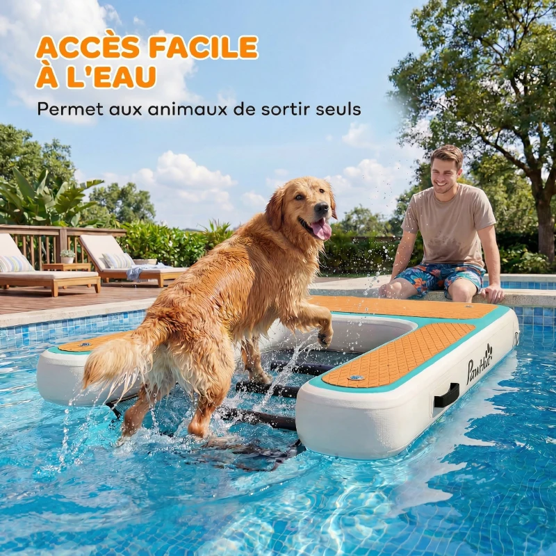 PawHut Rampe d'Eau Gonflable pour Chien jusqu'à 100kg, Surface Antidérapante en EVA, Sac de Rangement, 151x102x15cm, Orange