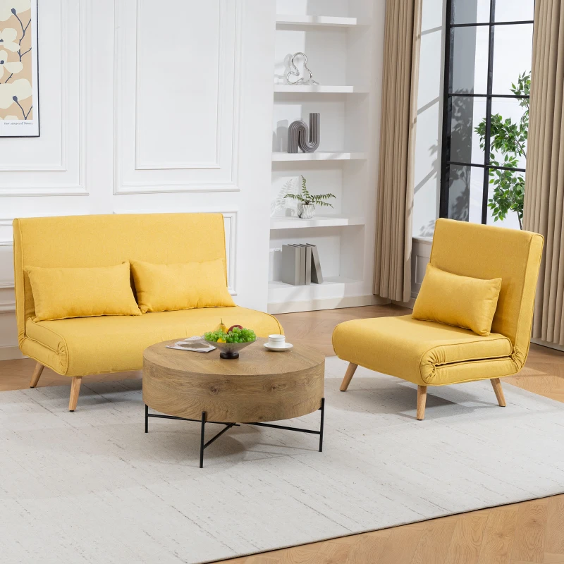 HOMCOM Sofá-Cama Individual Dobrável com Encosto Ajustável em 5 Posições, Sofá-Cama Estofado com Almofada 72x75x85 cm Amarelo