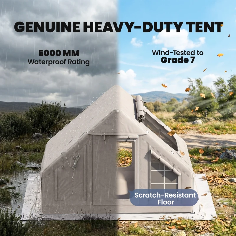 Outsunny Dmuchany namiot 5–8 osób Szybkie rozstawienie Wodoodporny 5000 mm i Wiatroodporny z pompką, otworem na piecyk i oknem dachowym