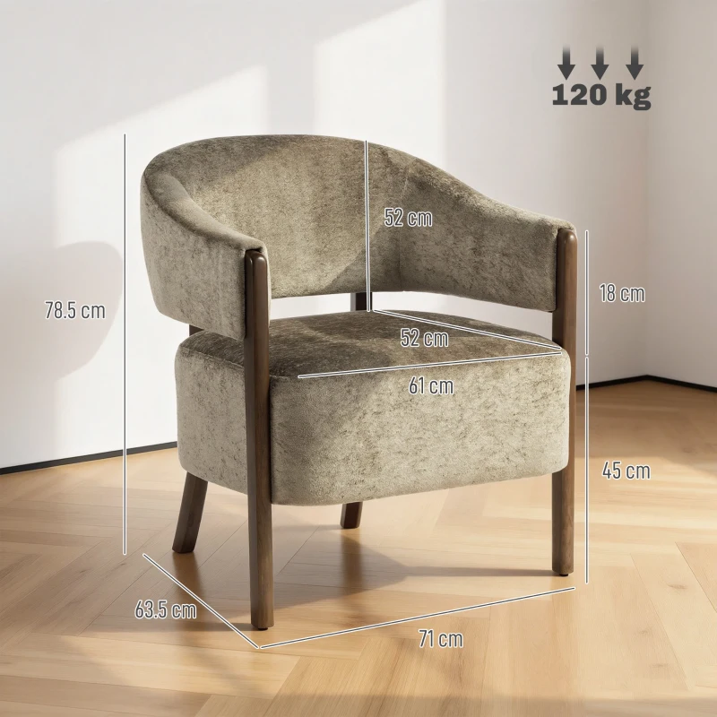 HOMCOM Accent Chair, Upholstered Tub Chair with Solid Wood Frame and Legs, Light Brown