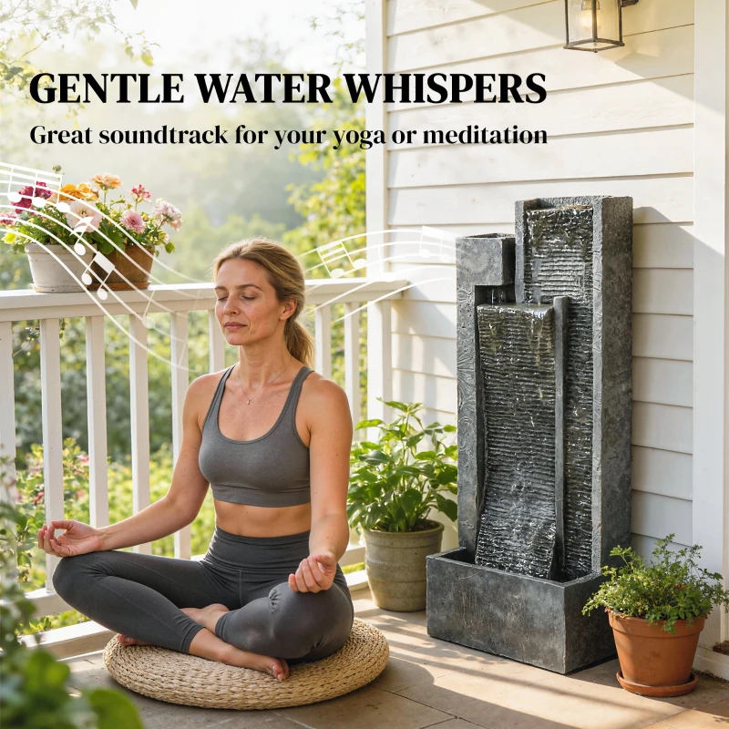 Outsunny Water Feature with LED Lights and Planter, 3-Tier Garden Water Fountain with Pump, Resin Waterfall Feature, Dark Grey