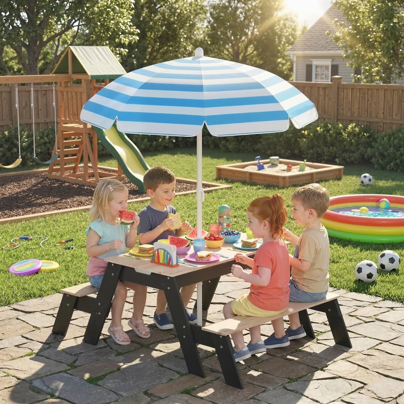 AIYAPLAY Masă de picnic pentru copii cu parasolar, set de grădină din lemn 3 în 1 pentru copii 3-6 ani cu 2 cutii, natural