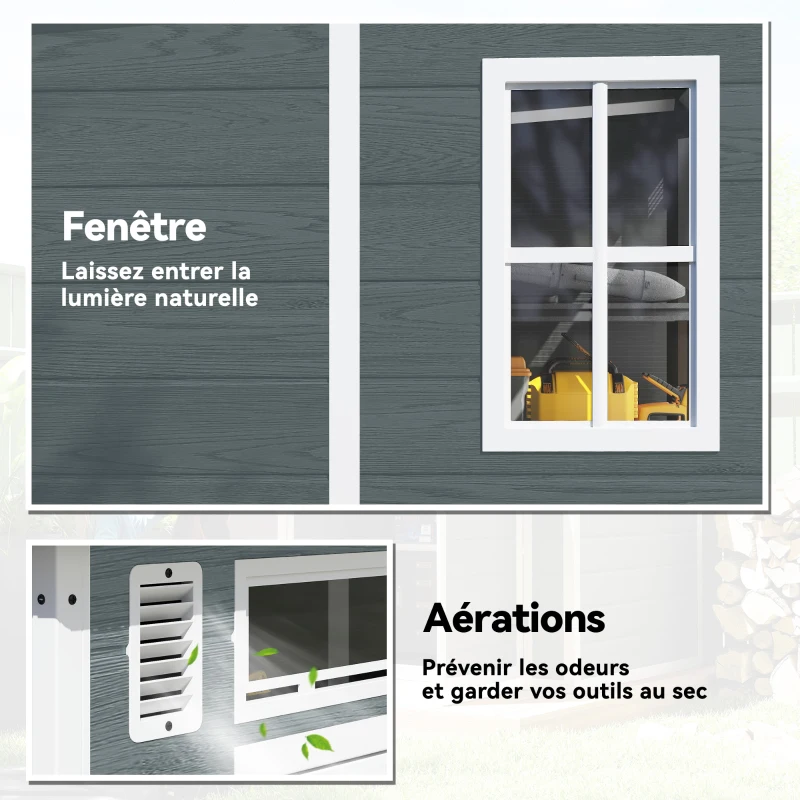 Outsunny Abri de Jardin en Résine Cabanon de Rangement Double Porte 3 Fenêtres et 2 Aérations Anti-UV avec Plancher 3,3 m² Gris