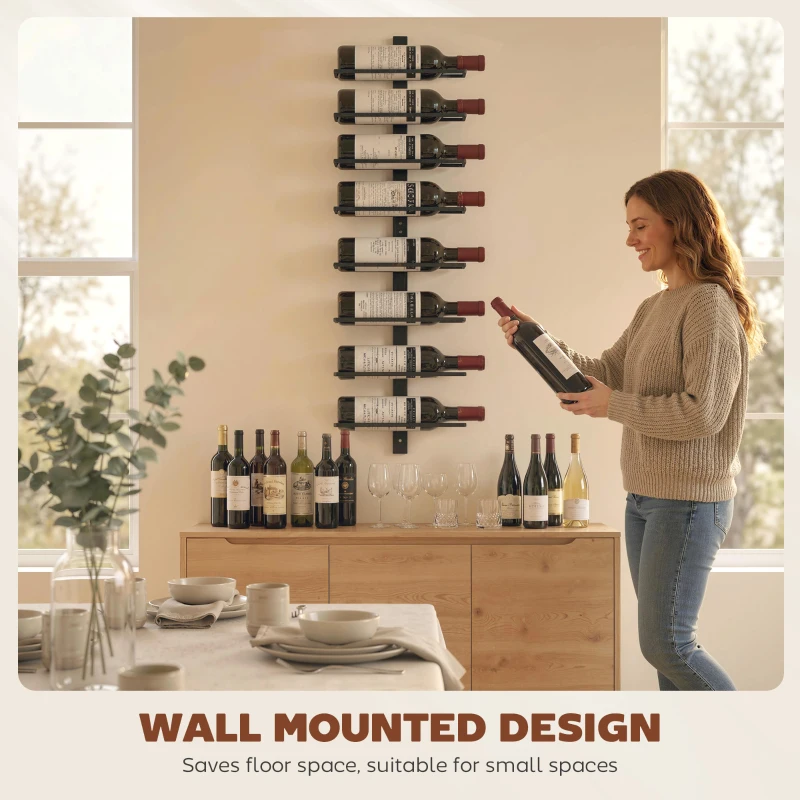 HOMCOM Wall Mounted Wine Rack, 8 Tier Metal Wine Display Rack, Storage Holder for Kitchen, Black