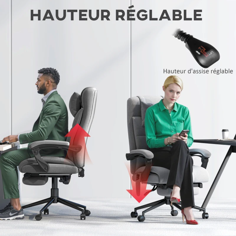 Vinsetto Chaise de bureau de massage chauffante réglable en hauteur de 116-124 cm ergonomique inclinable tissu effet lin, gris
