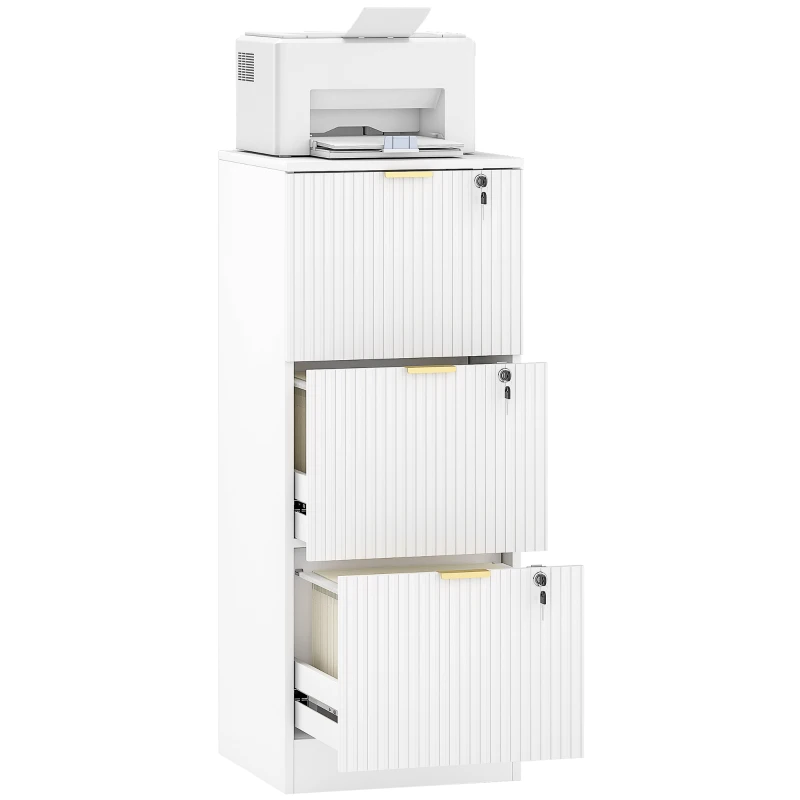 HOMCOM Filing Cabinet, Fluted Vertical File Cabinet with 3 Lockable Drawers and Hanging Rails, White