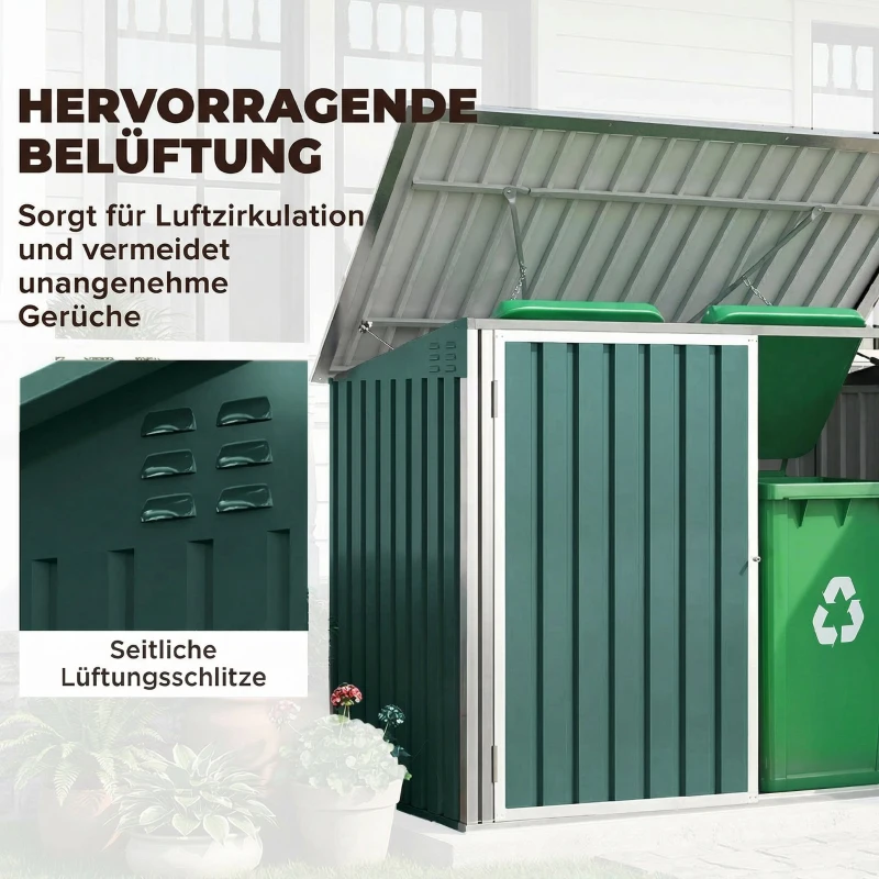 Outsunny Mülltonnenbox Müllbox abschließbar Gerätebox mit Doppeltür Deckel für 2 Mülltonnen Stahl 179,5 x 108 x 129,5/113 cm Grün
