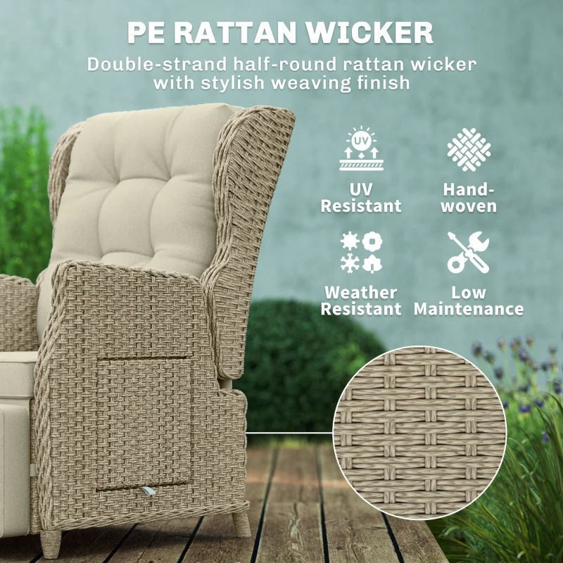 Outsunny Rattan Garden Recliner Chair, Reclining Garden Chair with Adjustable Back and Footrest, Flip Table, Cushion, Brown