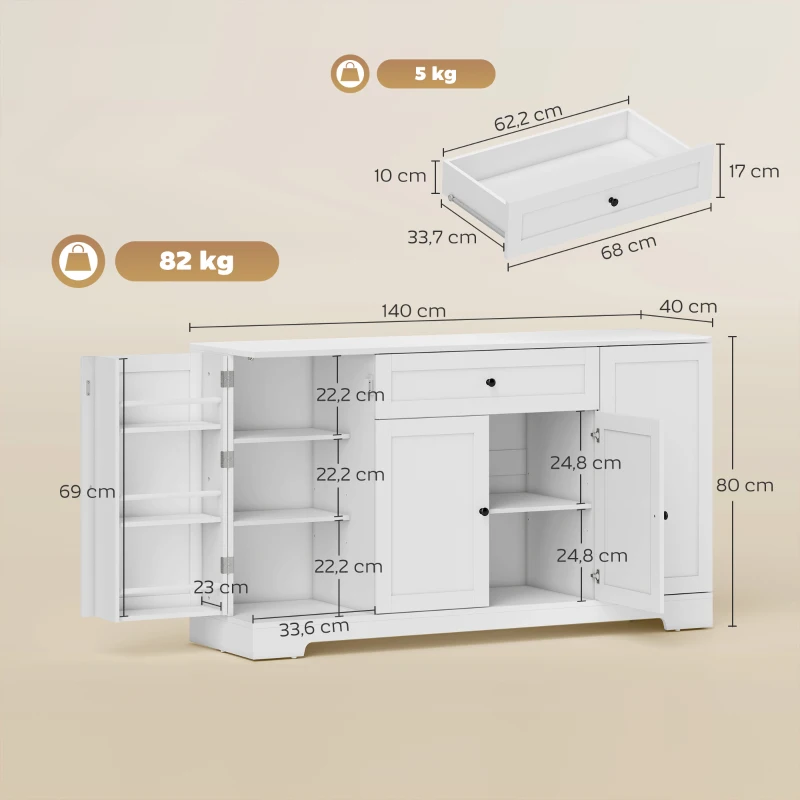 HOMCOM Aparador de cocina, mueble de almacenamiento con cajón, 4 puertas con cierre suave, estantes en puerta y baldas ajustables, blanco