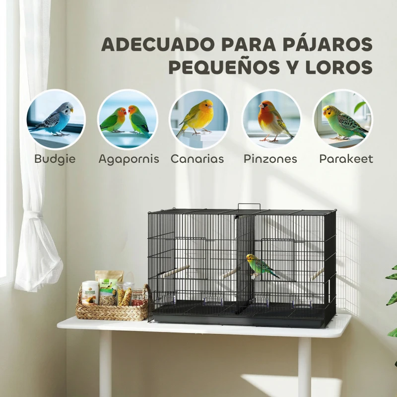 PawHut Jaula para Pájaros con Divisor 4 Comederos 4 Perchas Bandeja Extraíble para Loros Canarios Periquitos 94x57x57 cm Negro