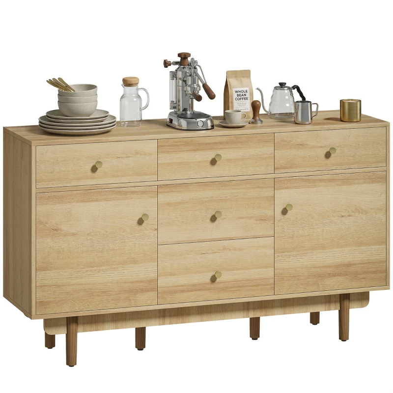 HOMCOM Sideboard with 5 Drawers and 2 Cabinets Buffet Cabinet with Solid Wood Legs 136 cm Walnut