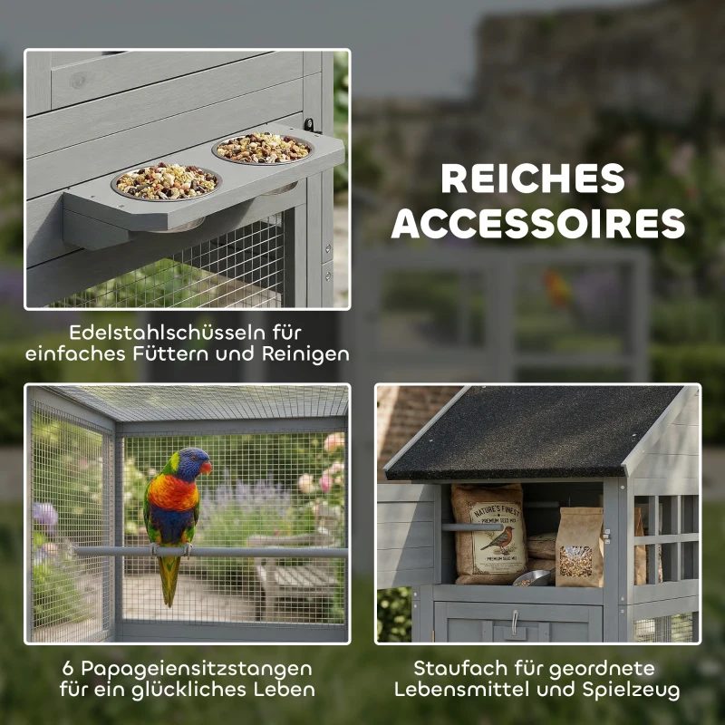 PawHut Voliere Vogelvoliere aus Holz mit 6 Sitzstangen Ablagefach herausziehbarer Schublade Edelstahlnäpfen 196x60x164,5cm Grau
