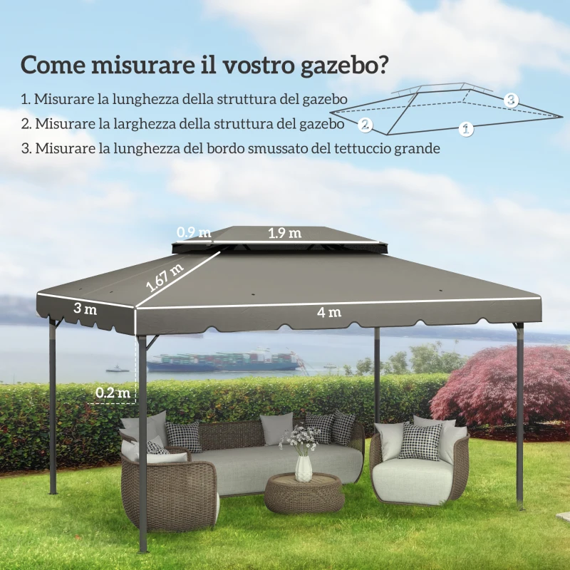 Outsunny Tetto per Gazebo 3x4 m a 2 Livelli con 8 Fori di Drenaggio in Poliestere Grigio Chiaro