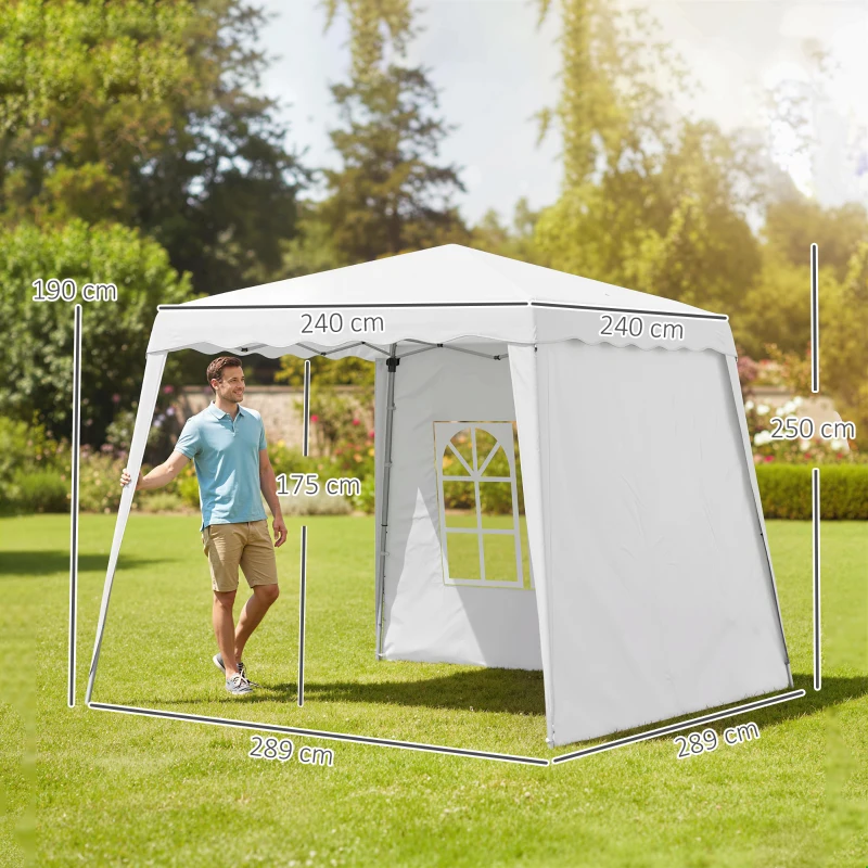 Outsunny Pavilion pliabil cu 2 laterale, Stalpi oblici si geanta de transport, cort de evenimente inaltime reglabila UV50+, cort de gradina, curte, acoperis 2,4 x 2,4 m / baza 2,9 x 2,9 m, alb