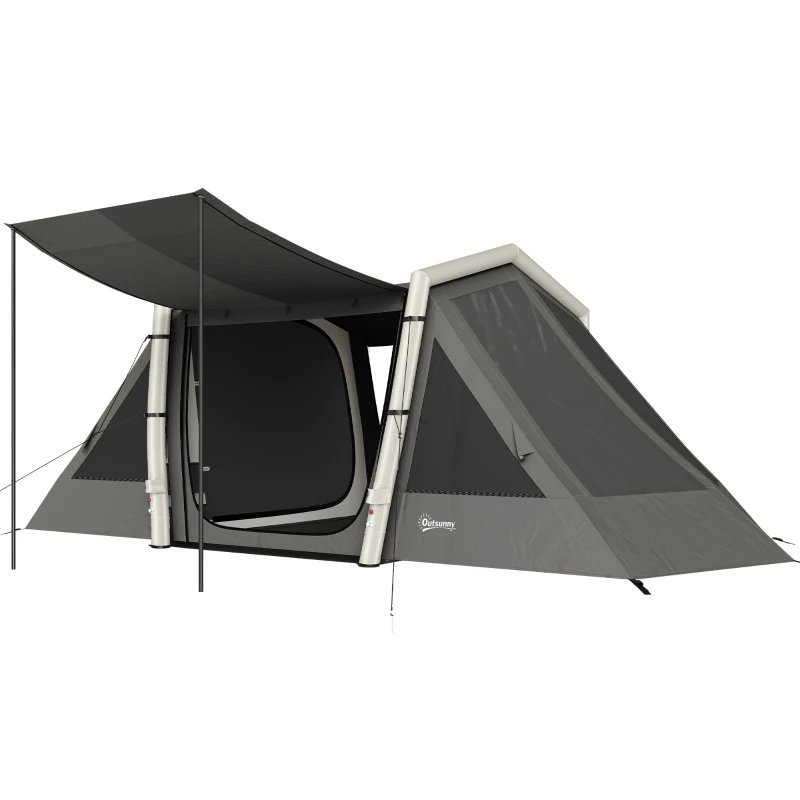 Outsunny Tenda Insuflável de Campismo 4 Pessoas Blackout Tenda a Ar 5,8m de Comprimento 2 Quartos e Sala 580x270x202cm Cinza Escuro