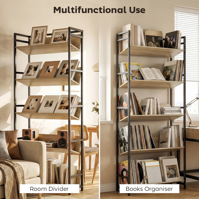 HOMCOM Bookshelf 5-Tier Metal Frame Bookcase Storage Shelves for Living Room Oak