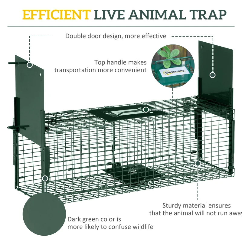 Outsunny Animal Trap Cage, Humane Rat Trap with Double Doors, Squirrel Trap for Indoors & Outdoors, Catch and Release Mice, Rats, Rodents, 60 x 18 x 20 cm, Green