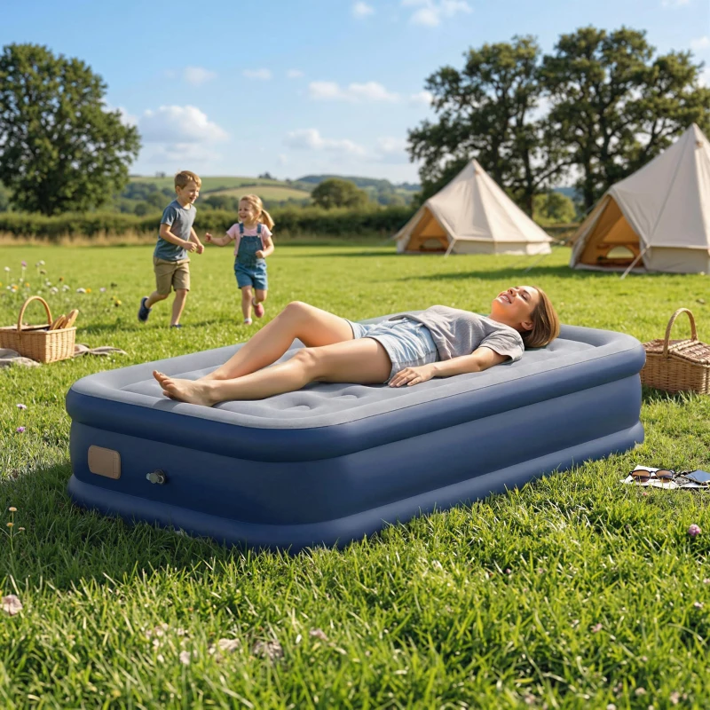 Outsunny Inflatable Mattress, Single Air Bed with Built-in Electric Pump, 3 Mins Inflation, Flocked Surface, Grey