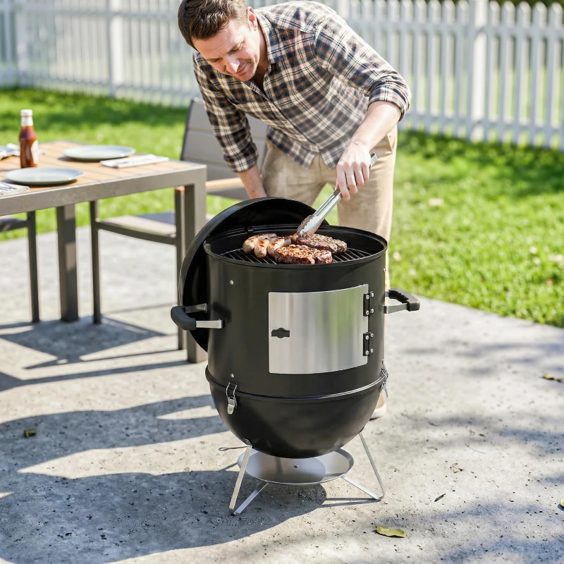 Outsunny Fumoir 3 en 1 avec 3 Grilles de Cuisson, Thermomètre Intégré, Ventilation Réglable, 62,5x47,5x91cm, Noir