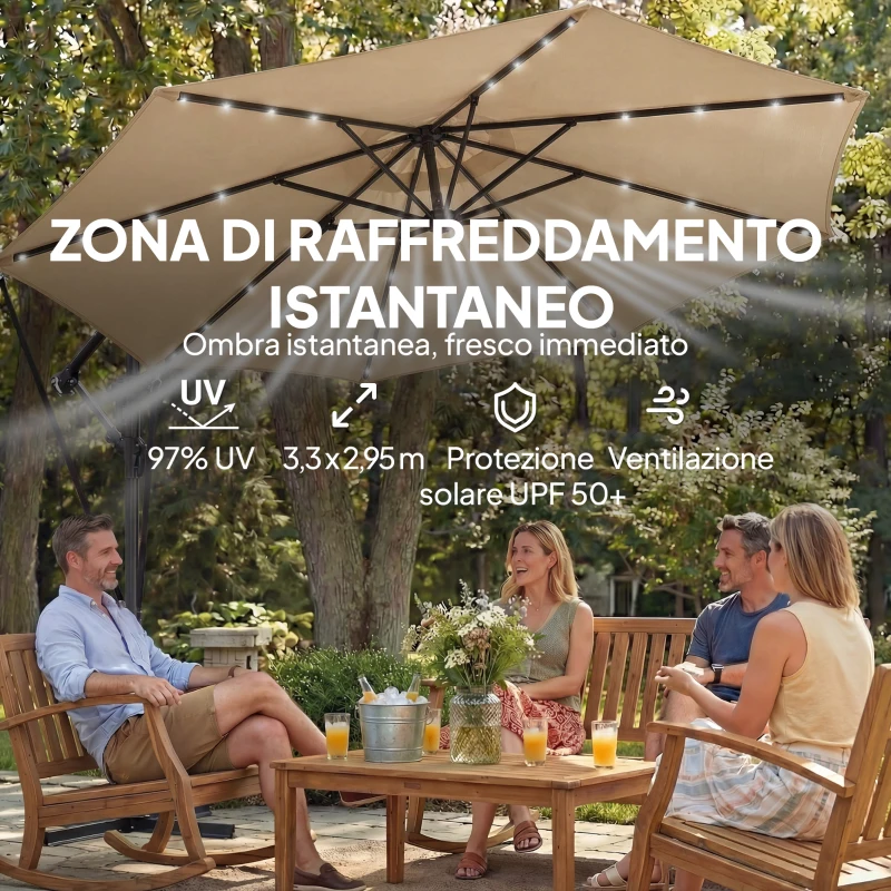 Outsunny Ombrellone da Giardino Ombrellone Decentrato con LED Solari, 3x3m, Cachi