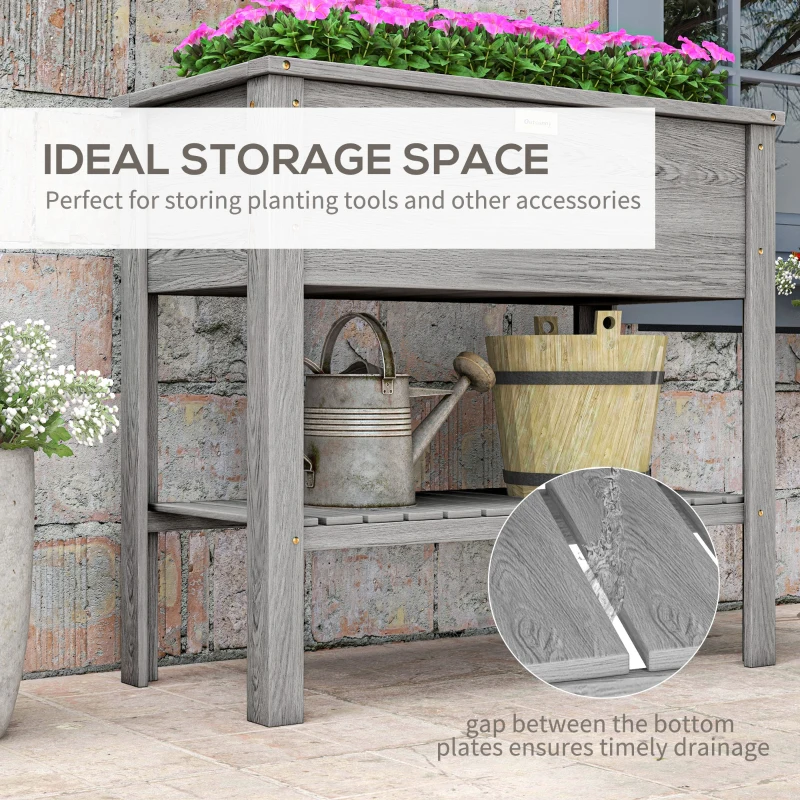 Outsunny Wooden Raised Garden Bed, Elevated Planter Box with Storage Shelf and Drainage Holes, Raised Planter with Legs, Grey