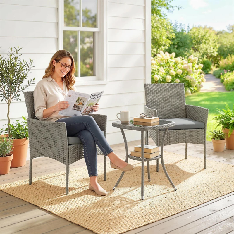 Outsunny 3 Piece Rattan Bistro Set, PE Wicker Garden Furniture Conversation Set with 2 Tier Glass-Top Table, Chairs, Dark Grey