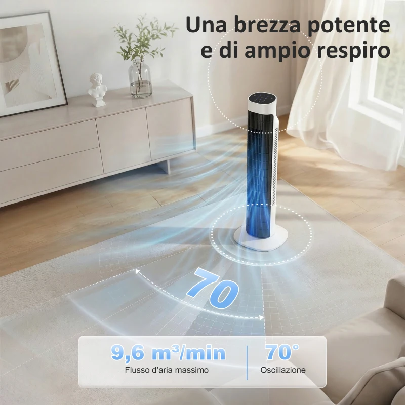 HOMCOM Ventilatore a Torre da Pavimento, Oscillante 70°, 80 cm, Bianco e Nero