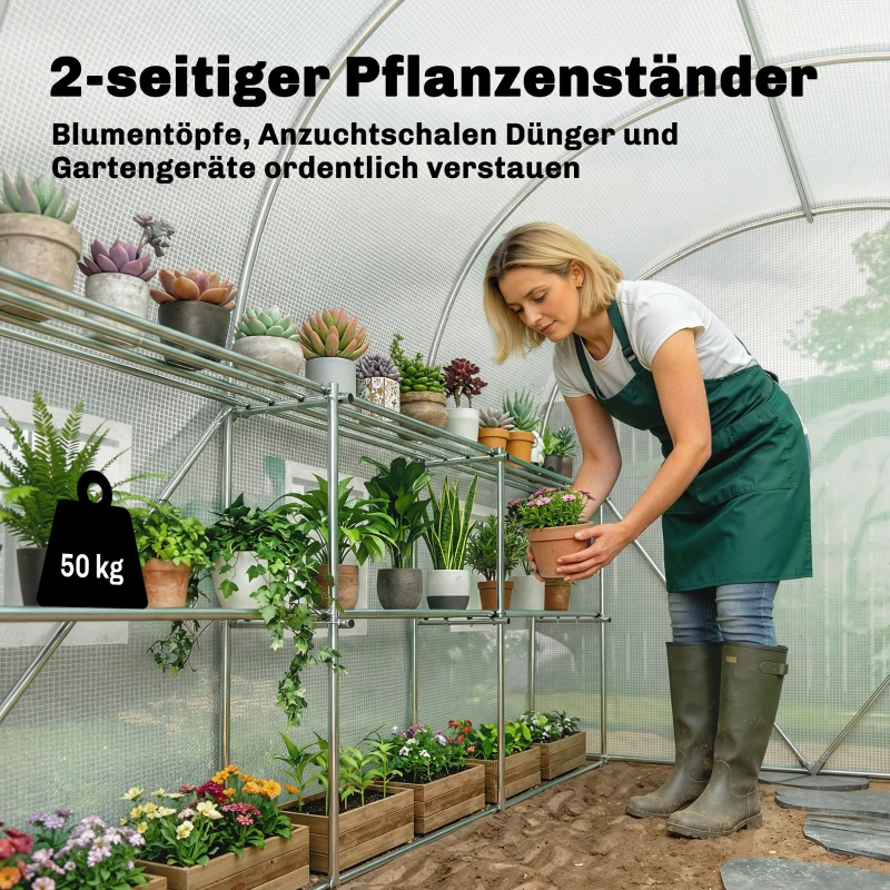 Outsunny Gewächshaus ca. 2,7 x 2 x 2 m Foliengewächshaus mit Regalen Rollbar Reißverschlusstür 6 Netzfenster Stützstangen