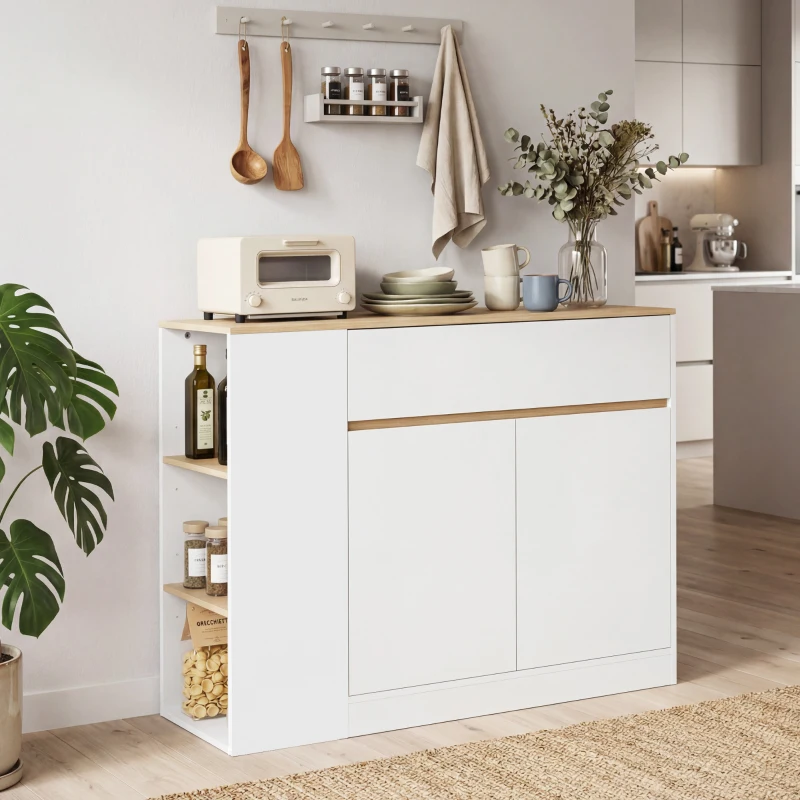 HOMCOM Sideboard, großes Schrankfach, 3 Ablagefächer, Schublade, 106 x 30 x 81,2cm, Weiß/Holz(m-2)