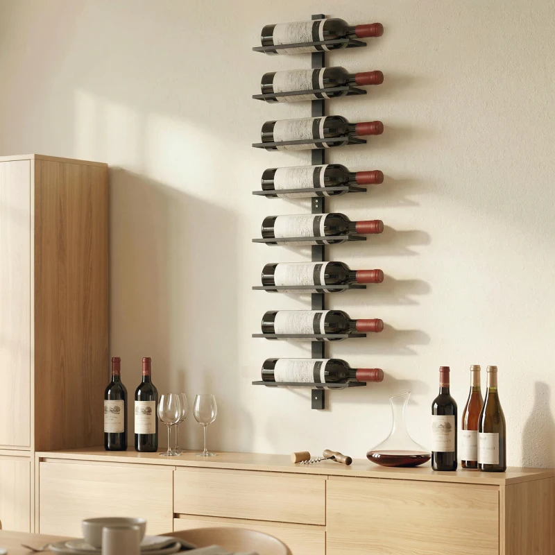 HOMCOM Wall Mounted Wine Rack, 8 Tier Metal Wine Display Rack, Storage Holder for Kitchen, Black