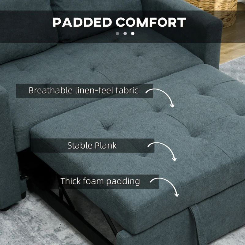 HOMCOM Loveseat Sofa Bed, Convertible Bed Settee with 2 Pillows, Side Pockets, Charcoal Grey