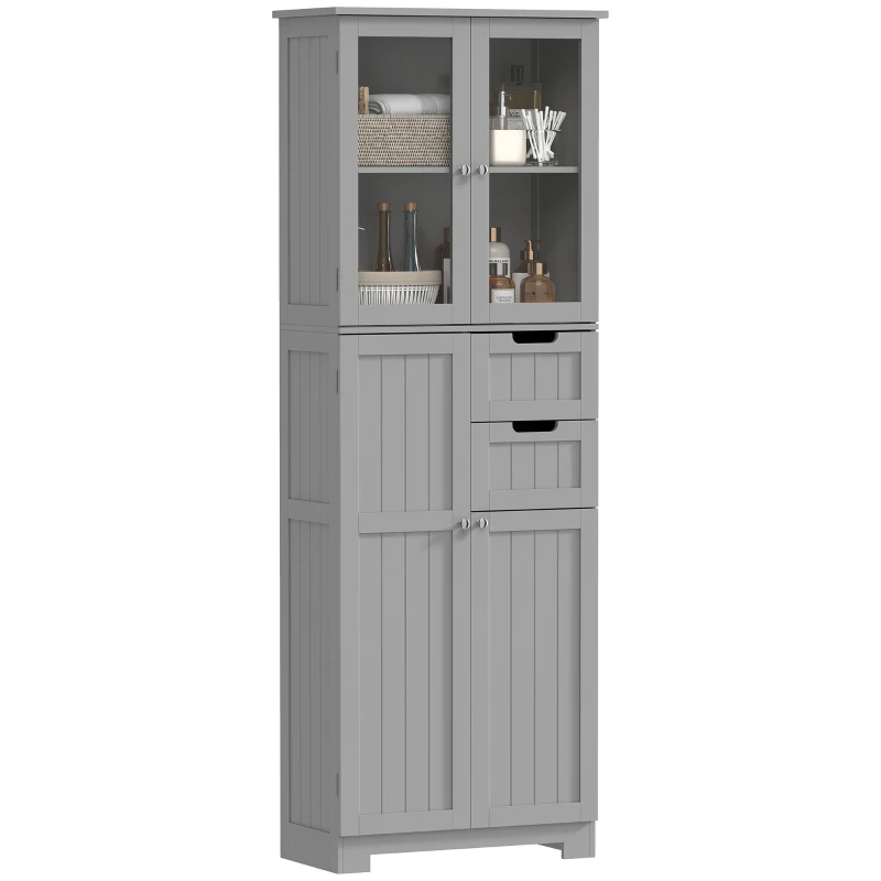 HOMCOM Meuble de salle de bain haut, meuble de rangement avec 4 portes dont 2 vitrées, 2 tiroirs et étagères réglables, gris