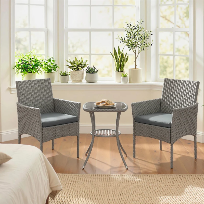 Outsunny 3 Piece Rattan Bistro Set, PE Wicker Garden Furniture Conversation Set with 2 Tier Glass-Top Table, Chairs, Dark Grey