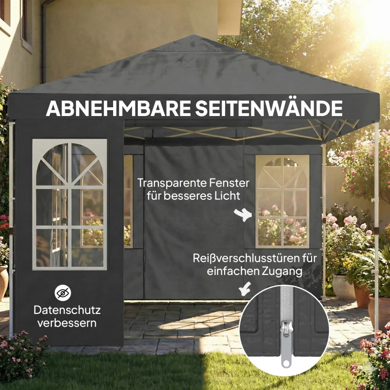 Outsunny Pavillon 3x3m Wasserdicht Stabil Winterfest Pop-up Faltpavillon, Ein-Knopf-Aufbau, UV 50+ Dunkelgrau