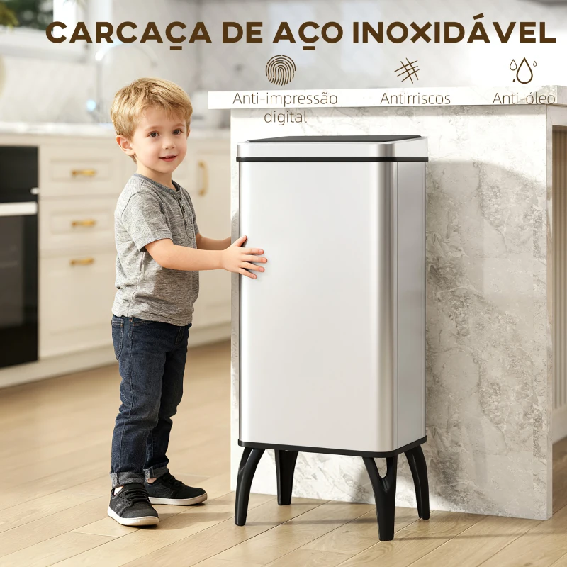 HOMCOM Balde de Lixo Automático 50 L  em Aço Inoxidável com Sensor Infravermelhos e Aro de Retenção 35,5x26x83,5 cm Prata